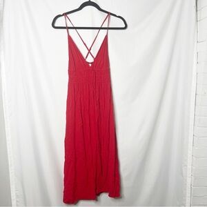Yumi Kim Red Smocked Waist V Neck Midi Dress Size Small